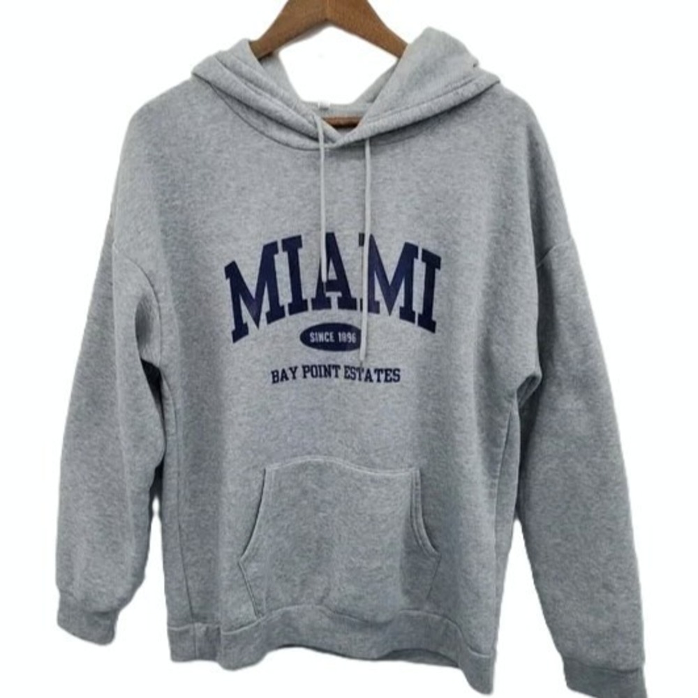 SHEIN Miami Graphic Thermal Hoodie Sweatshirt Size XL Gray Blue Kangaroo Pocket